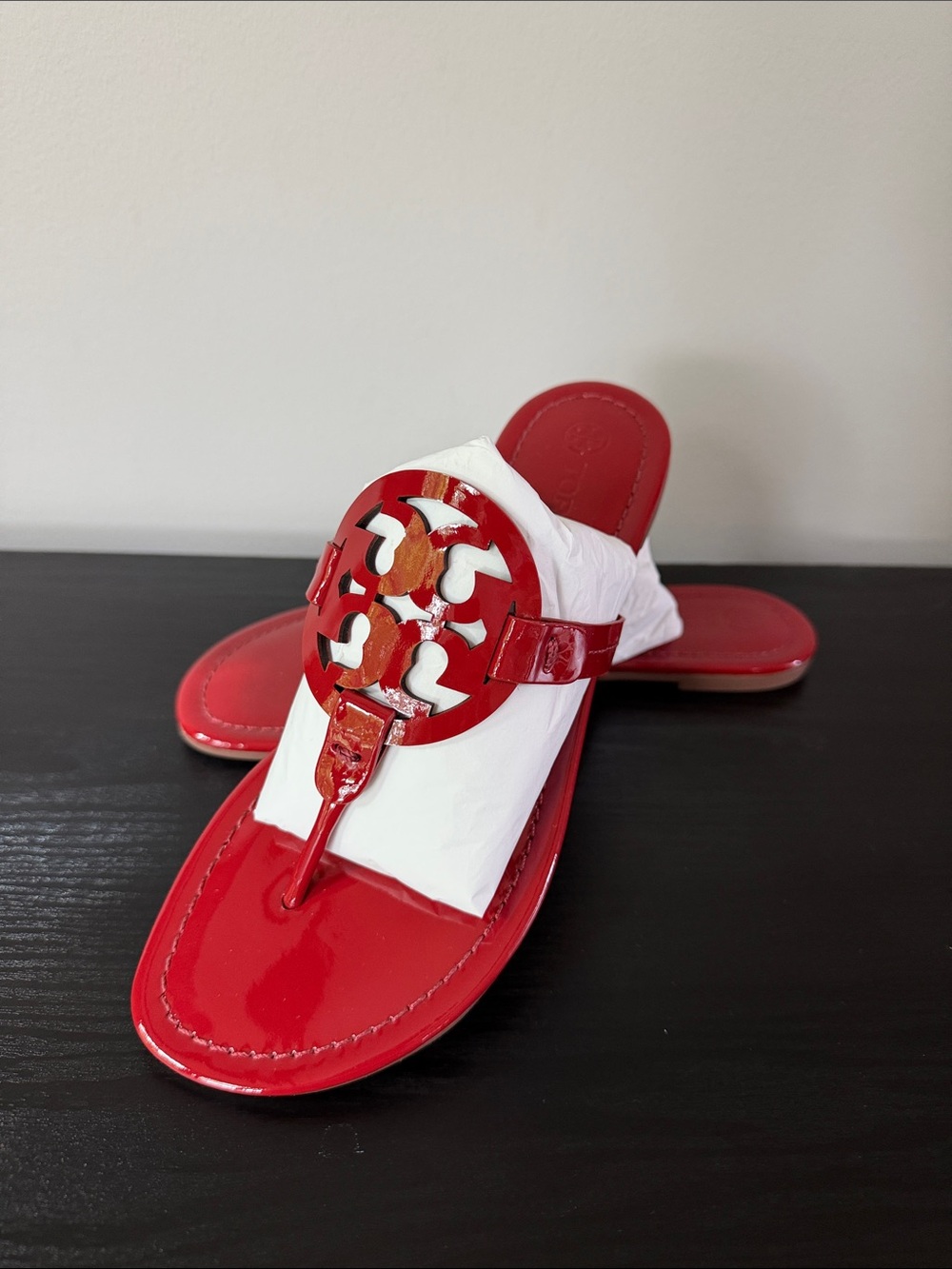 Tory Burch Burgundy Red Patent Leather Logo Thong Sandals